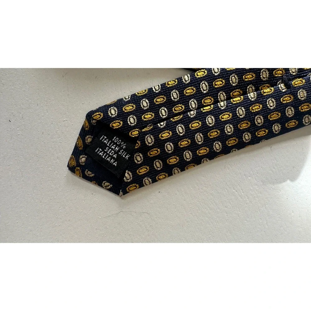 Peterborough Row Mens Silk Tie Navy Blue Gold Geometric Oval Made in USA
